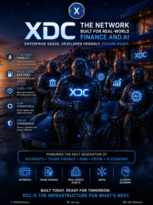 A promotional poster for XDC blockchain featuring metallic robotic figures on a motorcycle with text 'XDC THE NETWORK BUILT FOR REAL-WORLD FINANCE AND AI', listing features like 2-SECOND FINALITY, NEAR-ZERO GAS FEES, and 2000+ TPS, tagged @XDCNetwork and xdc.org.