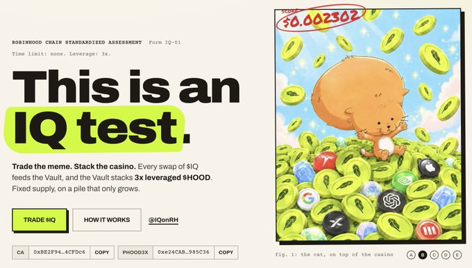 Promotional webpage with text 'This is an IQ test.' highlighting 'IQ', alongside details for trading $IQ with a 3x leverage on $HOOD, and an illustration of a cat on a pile of coins with a circled price of '$0.002302'.