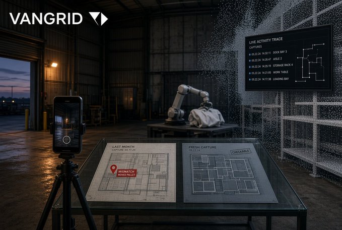 Dark industrial setting labeled "VANGRID" showing a smartphone on a tripod, a robotic arm, and digital displays with "LIVE ACTIVITY TRACE" and maps indicating a "MISMATCH WORK TABLE."
