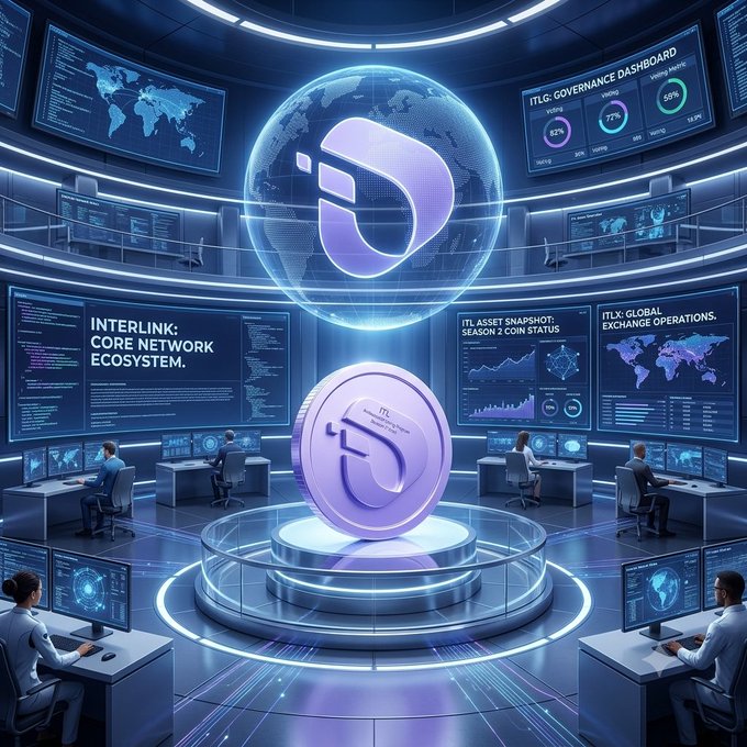 A futuristic control room scene with workers at computer stations surrounding a central holographic display showing 'INTERLINK: CORE NETWORK ECOSYSTEM' and various governance dashboards.