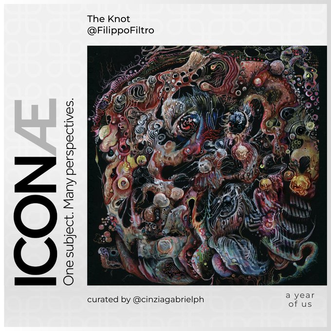 A promotional poster for an 'ICONE' art exhibition displays the text 'The Knot @FilippoFiltro', 'One subject. Many perspectives.', 'curated by @cinziagabrielph', and 'a year of us', alongside a highly detailed, colorful abstract artwork.