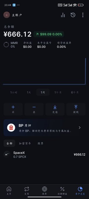 A mobile app screenshot shows a cryptocurrency portfolio with a total value of ¥666.12, including a holding of 0.7 SpaceX (SPCX) tokens.