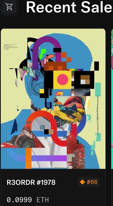 The image shows a poster of an abstract face with various colors and shapes. It appears that someone has posted about selling this artwork, as indicated by the caption "yo, what happened? this rare @R3ORDR sold for 0.099 ETH". The poster is displayed on a computer screen or phone, possibly in a social media post or marketplace where people can buy and sell unique art pieces.