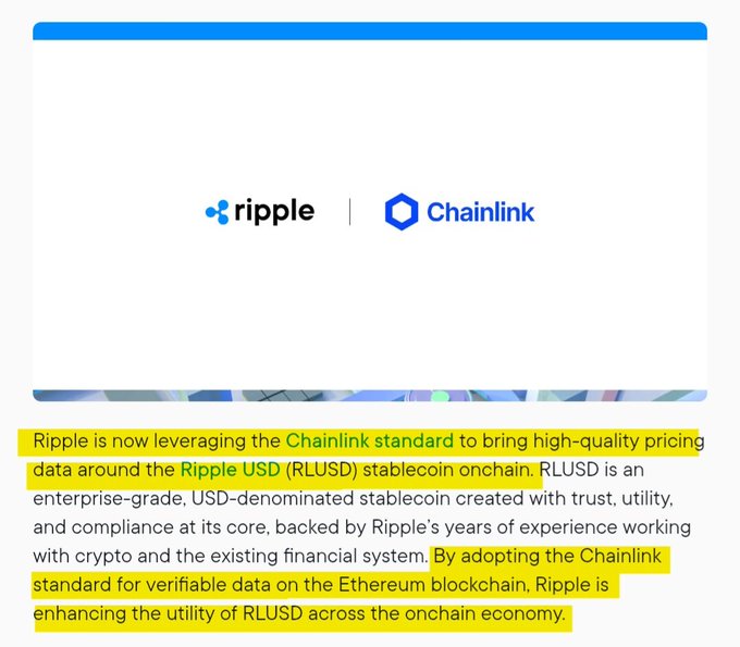 The image shows an advertisement for Ripple Chainlink, which is now leveraging the Ripple Standard to bring high-quality pricing to its users. The text in the image emphasizes that Ripple Chainlink is adopting the Ripple Standard for verifiable pricing data, which can be used as a reference point for comparison and transparency. This approach helps ensure trust among users by providing clear information about the pricing structure of the cryptocurrency.