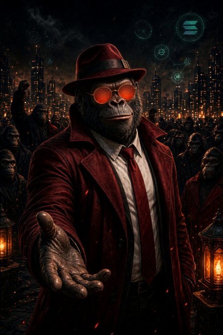 A cinematic illustration of an anthropomorphic ape wearing a red fedora, red sunglasses, a white shirt, red tie, and red coat, extending his hand toward the viewer with other apes and a dark cityscape behind him.