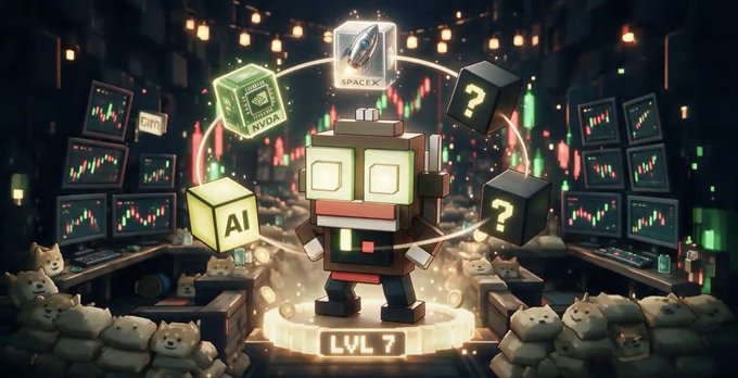 A pixel-art robot character stands on a glowing "LVL 7" pedestal surrounded by mystery boxes, with floating cubes labeled "SPACE X," "NVDA," and "AI" orbiting above, depicting the gamified NFT leveling system. The scene is set in a trading floor filled with stock charts and cat figurines, visually representing the post's concept of earning tokenized AI stock airdrops (like SpaceX and Nvidia) as NFTs level up through platform activity.