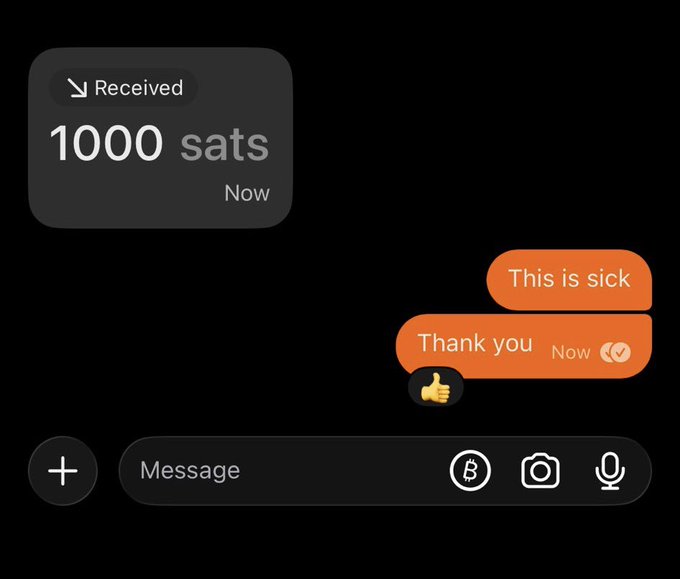 A Bitcoin wallet interface shows a message received of "1000 sats" with replies "This is sick" and "Thank you," accompanied by the prominent Bitcoin "₿" icon in the message bar that the caption references. The orange Bitcoin symbol button ties directly to the post's appreciation for the ₿ feature, highlighting how users can send Bitcoin instantly through the messaging interface.
