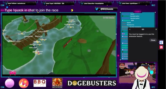 A livestream interface displays a video game map on the left with a 'Type !quack in chat to join the race' prompt, while the right side shows chat logs and a 'DOGEBUSTERS' banner at the bottom featuring a cartoon character.