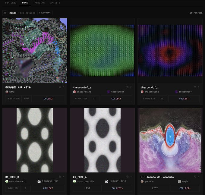 A screenshot of an NFT marketplace interface displaying various digital artworks, including ones titled '01_PORE_A', '01_PORE_B', and 'El llamado del oráculo'.