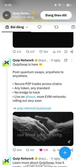 A Vietnamese-language X/Twitter feed showing a post from Quip Network about 'QuipSwap' - post-quantum swaps for P2P trades across chains, live on Base network.