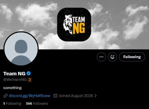 A Twitter/X profile page for 'Team NG' (@WeTeamNG) with a verified checkmark, a bio reading 'something', a Discord link, 1 Following and 514 Followers, joined August 2026.