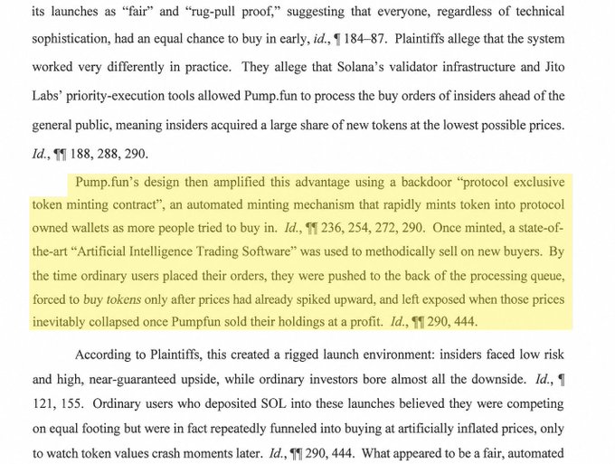 The image shows a highlighted excerpt from a legal complaint alleging that Pump.fun used a "protocol exclusive token minting contract" combined with "Artificial Intelligence Trading Software" to mint tokens and systematically dump them on retail buyers, forcing ordinary users to purchase at inflated prices before inevitable crashes. The text references Solana's validator infrastructure, Jito Labs, and specific paragraph numbers (¶¶ 236, 254, 272, 290, 444) from a RICO case against the memecoin platform.