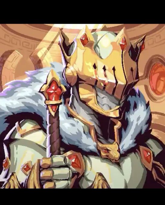 An illustrated armored knight wearing an ornate gold helmet with red gems and a fur-lined collar holds a scepter.