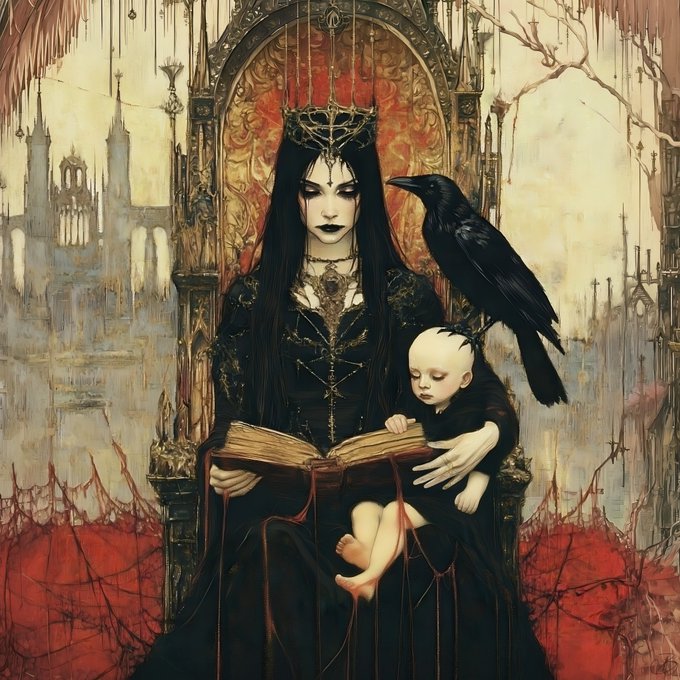 A dark fantasy illustration depicting a pale, long-haired queen in a black gown and crown sitting on a gothic throne, holding an open book and a small pale child, with a black raven perched on her shoulder.