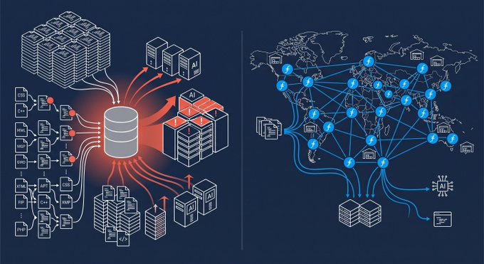 The image is a split-panel illustration: the left side shows a central data repository connecting to various server stacks and code files labeled with programming languages (CSS, HTML, API, C++, JS, SQL, etc.) and AI interfaces, while the right side displays a world map with the Filecoin network icon (a blue "f" symbol) distributed globally and connected to data centers, depicting decentralized storage infrastructure.

The visual reinforces the post's message by contrasting a centralized, large-scale AI training data source ("The Stack v2" with 67.5TB of code) on the left with Filecoin's globally distributed, exabyte-scale decentralized storage network on the right, illustrating how massive datasets like 900 billion training tokens across 619 languages are handled as routine operations on such infrastructure.