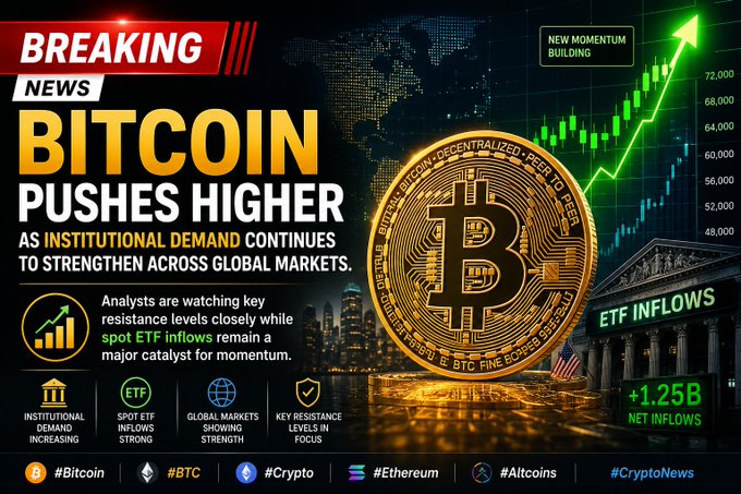 A news article headline reads "BREAKING BITCOIN PUSHES HIGHER AS INTRUDERS WATCH THE KEY RESIDENCE LEVELS SOFTLY WHILE WHILE MAJOR CATALYST FOR MOMENTUM" against a dark blue background with a green upward-pointing arrow.