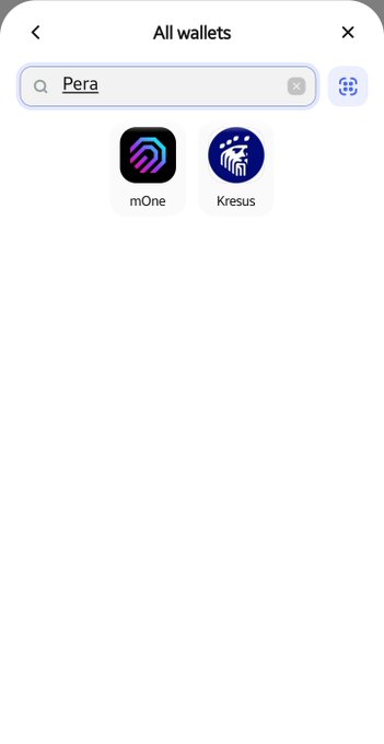 A screenshot of a mobile app showing a search for "Pera" in an "All wallets" menu, displaying two wallet options: "mOne" and "Kresus."