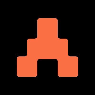 A minimalist orange pixelated icon depicting a tiered temple or pyramid-like structure against a solid dark gray background.