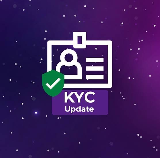 A graphic featuring an ID card icon with a person silhouette and a green checkmark, accompanied by the text 'KYC Update' against a purple starry background.
