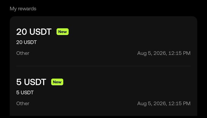 A screenshot of a 'My rewards' page showing two crypto rewards: 20 USDT and 5 USDT, both marked as 'New' and dated Aug 5, 2026, 12:15 PM.
