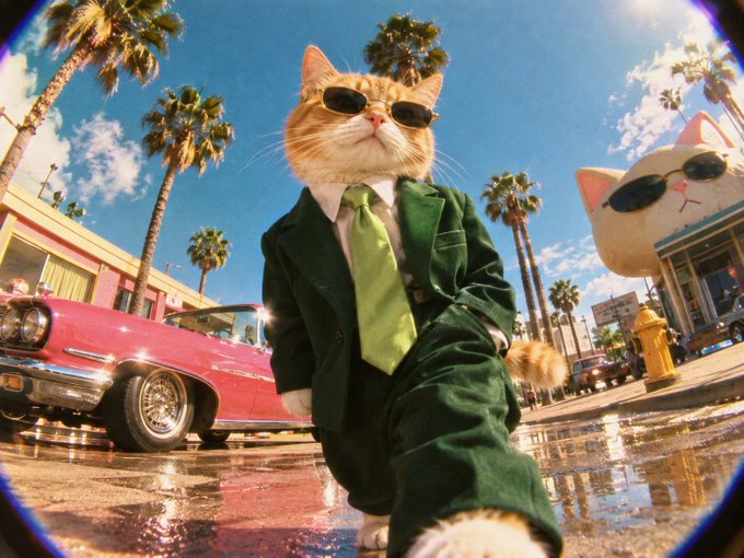 An orange tabby cat wearing a green suit, tie, and sunglasses, walking through a puddle on a sunny day with palm trees, a pink convertible car, and a Hello Kitty head-shaped building in the background.