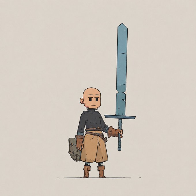 A cartoon illustration of a bald, bearded warrior wearing a dark tunic, apron, and brown gloves, holding a large grey sword upright while standing on a simple line.