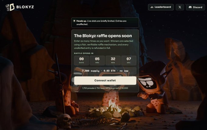 The image shows the Blokyz website announcing that "The Blokyz raffle opens soon" with a countdown timer of 00 days, 05 hours, 32 minutes, 67 seconds, displaying "7,500 supply • 0.63 ETH" and a "Connect wallet" button. This aligns with the post's announcement about ETH deposits opening on the Blokyz platform, visually confirming the raffle mechanics and ETH pricing mentioned by the commentator.