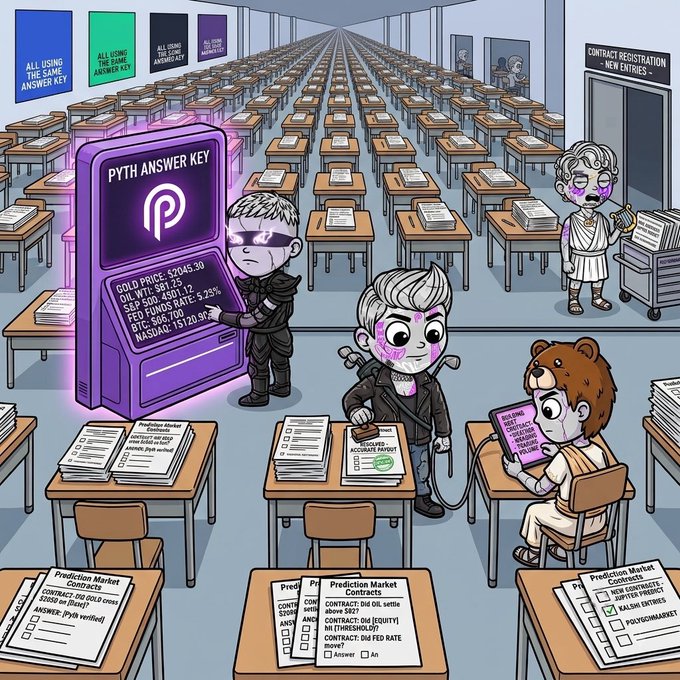A colorful cartoon illustration depicts a vast hall of desks labeled 'Prediction Market Contracts' with signs reading 'ALL USING THE SAME ANSWER KEY', featuring characters around a glowing 'PYTH ANSWER KEY' device showing market data including Gold, Oil, S&P 500, Fed Funds Rate, and NASDAQ.