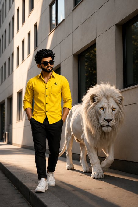 A stylized digital illustration of a man in a yellow shirt and sunglasses walking alongside a majestic white lion on a city sidewalk in front of a modern building.