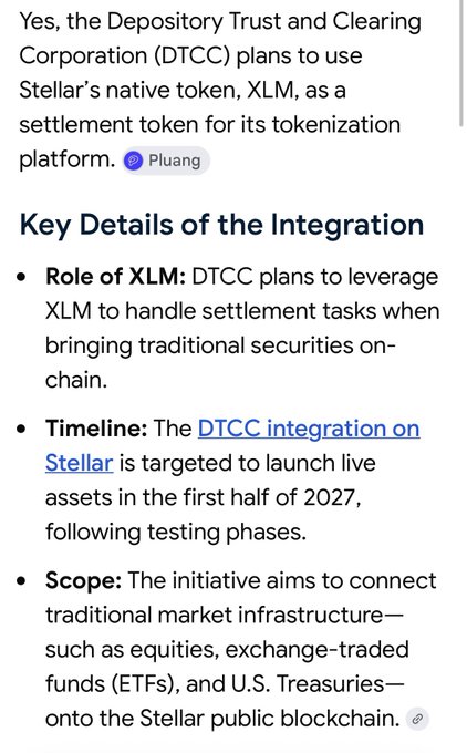 A text snippet about the Depository Trust and Clearing Corporation (DTCC) using Stellar's native token XLM as a settlement token, with details on Role, Timeline (DTCC integration launching in H1 2027), and Scope.
