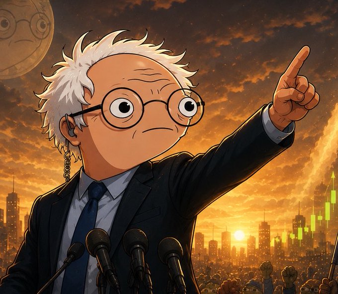 A cartoon caricature of a wild-haired, glasses-wearing figure in a suit points dramatically toward a golden sunset over a city skyline, while a green candlestick chart rises on the right side of the image. The image visually reinforces the post's message about imminent, sustained bullish ("green candle") momentum in the market.