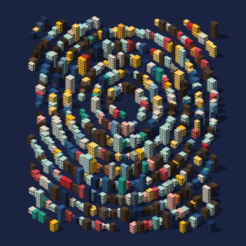 A digital artwork displays a colorful spiral maze constructed from isometric building blocks set against a dark blue background.