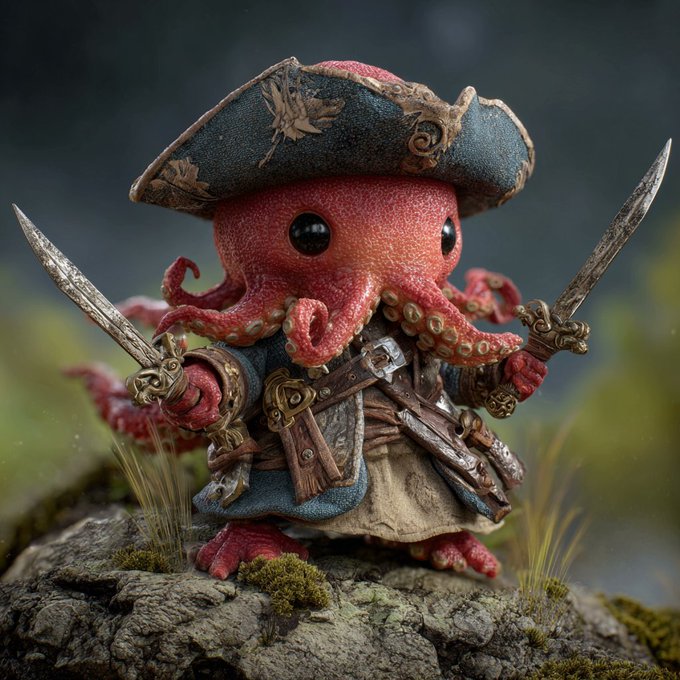 A cute pink octopus character dressed as a pirate with a tricorn hat, dual swords, and a detailed coat stands on a mossy rock.