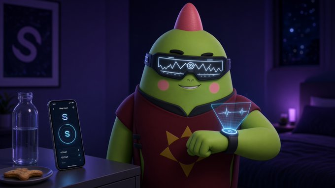 A 3D-rendered green character with a red mohawk and digital visor looks at a holographic smartwatch projection, while a smartphone displaying 'S' sits on the nightstand beside a glass bottle.