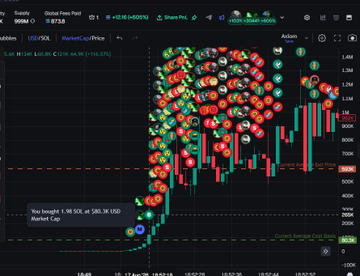 A TradingView candlestick chart of USDC/USDT shows a steep rally from ~590K to over 1.1M with the position sized at only 2 SOL, illustrating the missed opportunity referenced in the post about leaving insufficient capital to capture the retirement-sized move.