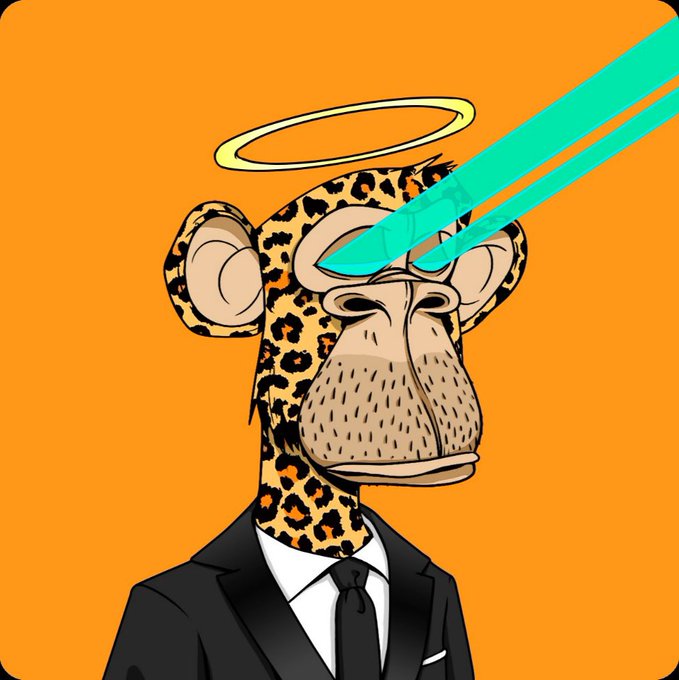 A cartoon illustration of a leopard character wearing a black suit and tie with a yellow halo, emitting cyan laser beams from its eyes against an orange background.