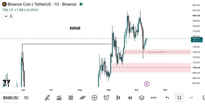 A TradingView chart of **Binance Coin / TetherUS (BNB/USDT)** on the daily timeframe, showing the current price at **$756.13 (+0.25%)**, with the candle approaching the key **$758 resistance level** and two highlighted pullback zones between **$700–$735**, visually supporting the post's bullish outlook toward the **$800–$810** targets.