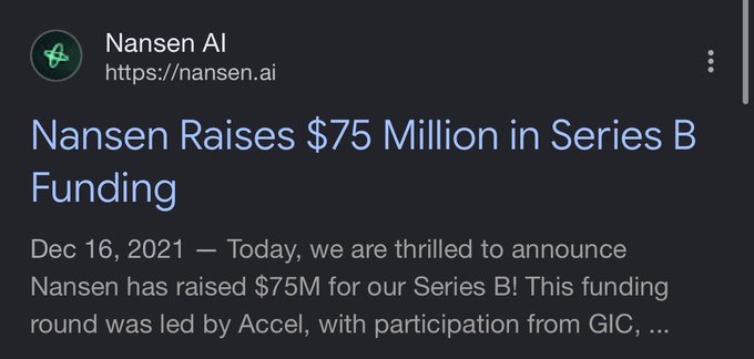 A screenshot of a Nansen AI blog post announcing their $75 million Series B funding round led by Accel (with GIC participation) on December 16, 2021—ironically illustrating the "solo dev beats startup that raised $90m" narrative, as a small team's AI product appears to outperform a heavily-funded crypto analytics firm.