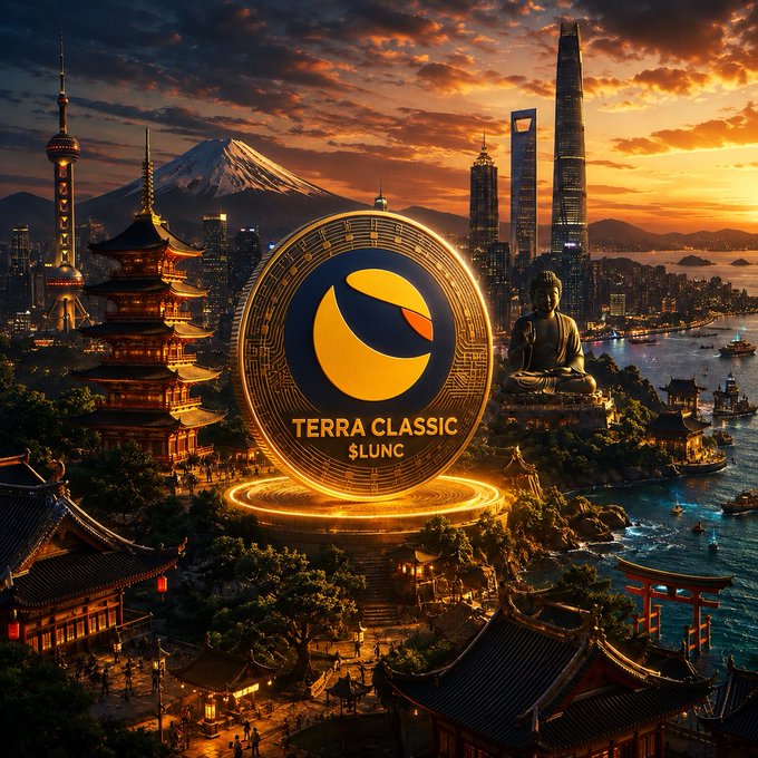 A glowing "TERRA CLASSIC $LUNC" coin hovers over an illustrated scene blending traditional Japanese pagodas, Mount Fuji, and a modern Shanghai skyline at sunset. The image visually greets the $LUNC community by framing the cryptocurrency token amid iconic Asian landmarks.
