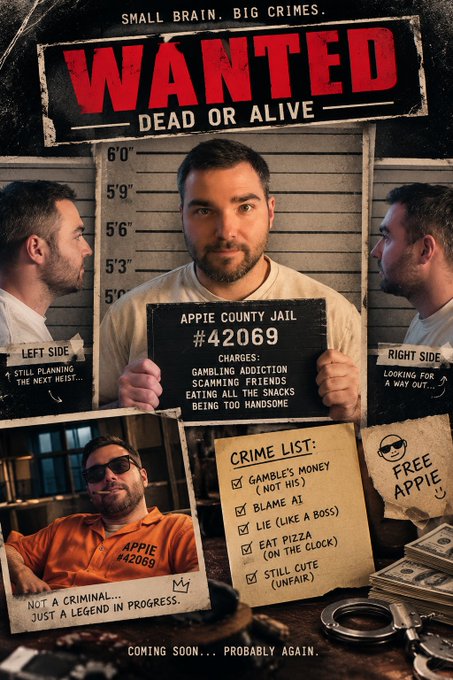 A humorous 'WANTED DEAD OR ALIVE' poster styled as a mugshot features a bearded man with the headline 'SMALL BRAIN. BIG CRIMES,' charging him with gambling addiction and being too handsome, alongside a 'Crime List' and 'Free Appie' wanted note.