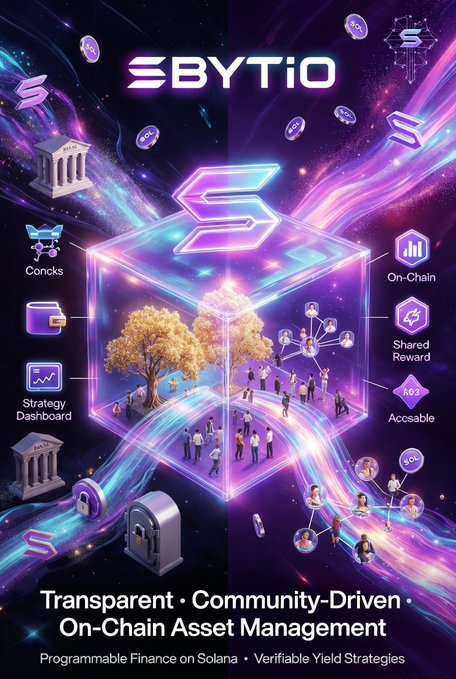 The image features an eye-catching poster promoting a new platform called @FBYTio. The poster showcases a 3D rendering of a cube filled with various symbols representing different aspects of Solana's community-driven asset management system, such as smart contracts, decentralized finance, and on-chain financial coordination. The poster also includes text that highlights the transparency aspect of the platform, emphasizing its focus on creating transparent community-driven yield strategies within the Solana ecosystem.

The main visual element in the image is a cube filled with symbols representing different aspects of Solana's asset management system. This 3D rendering serves as an advertisement for @FBYTio and their innovative approach to managing assets in the blockchain space. The poster effectively captures attention by combining striking visuals with informative text, making it an engaging piece of marketing material for users interested in exploring the platform further.