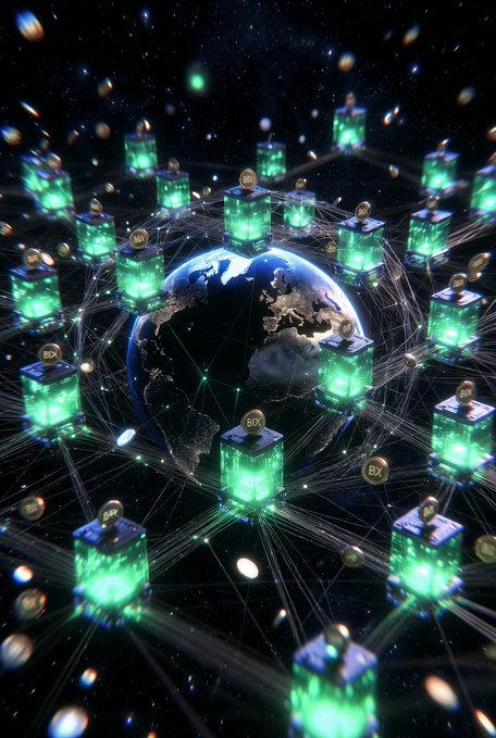 A 3D digital illustration depicts a dark globe surrounded by glowing green server towers and gold coins labeled "Bx," all connected by a network of lines in space.