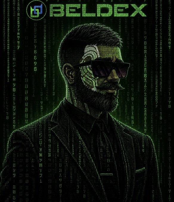 Digital artwork depicts a bearded man in sunglasses and a suit with a circuit board design on his face, set against a green matrix-style background with the "BELDEX" logo at the top.