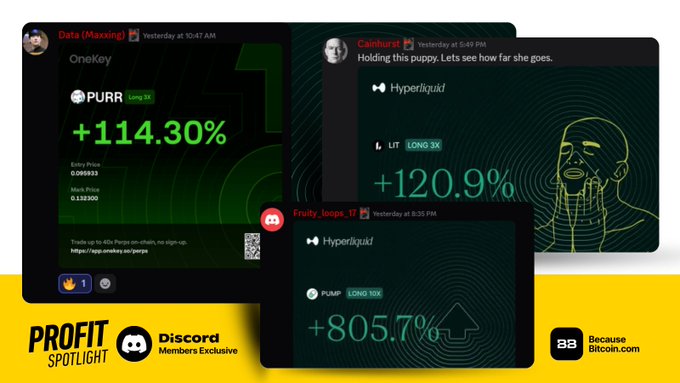 The image shows three Discord trading alerts from a "Profit Spotlight" channel, highlighting significant gains including +114.30% on PURR (Long 3X) on OneKey, +120.9% on LIT (Long 3X) on Hyperliquid, and +805.7% on PUMP (Long 10X) on Hyperliquid. This directly supports the post's boast about trading success by showcasing members' winning leveraged positions, inviting viewers to join their "Inner Circle" to replicate these results.