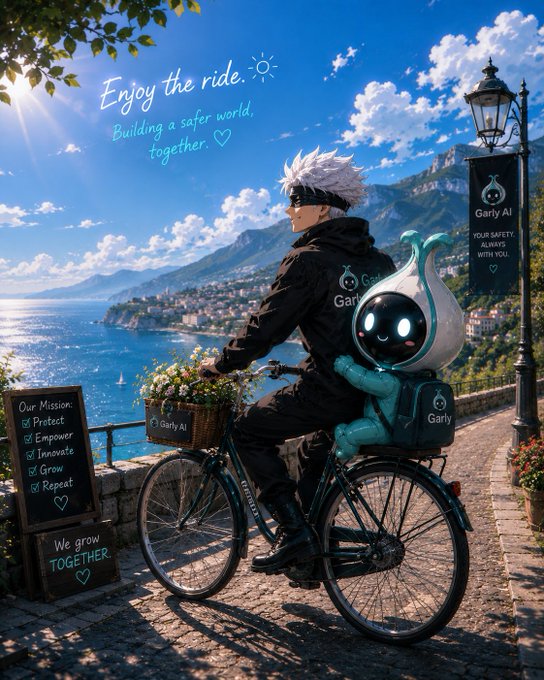 An anime-style illustration showing a white-haired character riding a bicycle along a coastal path with a small ghost-like companion, featuring the text 'Enjoy the ride', 'Building a safer world, together.', 'Our Mission: Protect, Empower, Innovate, Grow, Repeat', and 'Garly AI' branding.