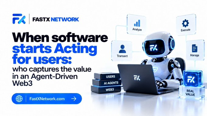 An advertisement for 'FASTX NETWORK' with the tagline 'When software starts Acting for users: who captures the value in an Agent-Driven Web3', featuring a robot character with 'Analyze,' 'Execute,' 'Transact,' and 'Manage' icons.