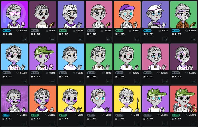 A grid of 21 cartoon-style NFT avatars with varying traits and prices ranging from 1.49 to 1.82, displayed against colorful backgrounds.