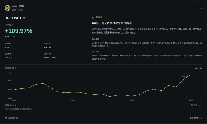 A financial chart interface showing 'BR / USDtk' with a value of '+109.97%' and a line graph displaying price action, along with order book statistics in Chinese.