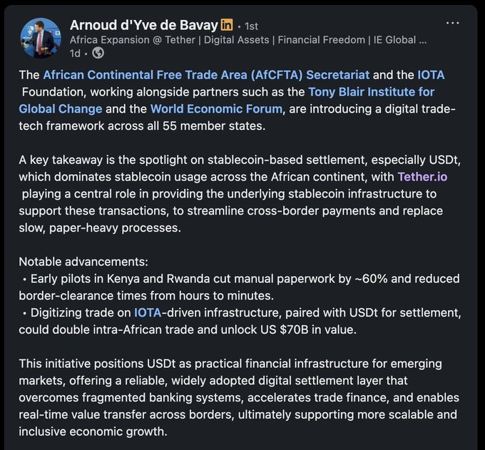 The image shows a screenshot of a black text block displayed on a Twitter page, discussing the African Continental Free Trade Area (AfCFTA). The text is written in white font against a dark background, making it stand out prominently. The discussion revolves around an $IOTA settlement and how it relates to AfCFTA's trade digitization efforts.