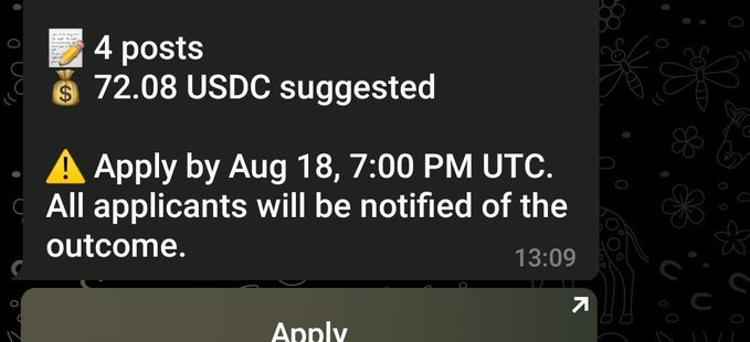 A notification card showing '4 posts' with '72.08 USDC suggested' and a warning to 'Apply by Aug 18, 7:00 PM UTC', with an Apply button below.